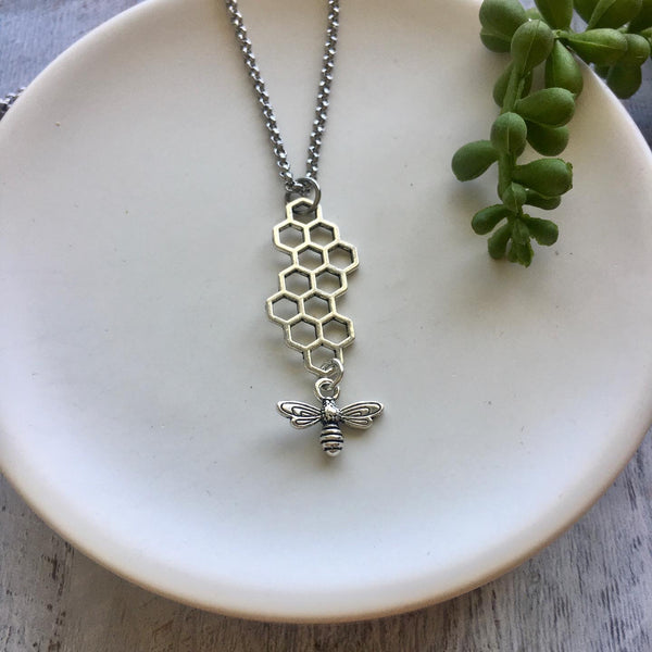 Bee and Honey Comb Necklace - Silver or gold