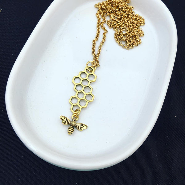 Bee and Honey Comb Necklace - Silver or gold